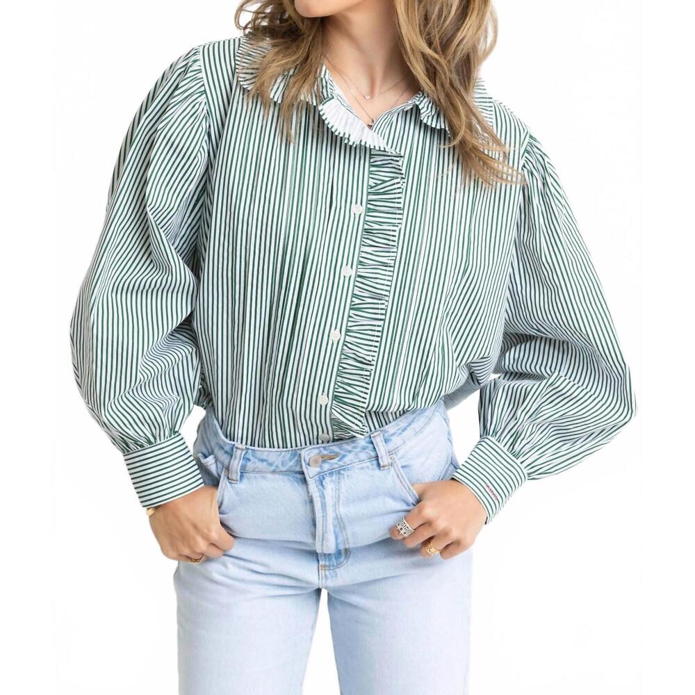 NEW KARLIE striped ruffle trim top in green - Picture 1 of 4